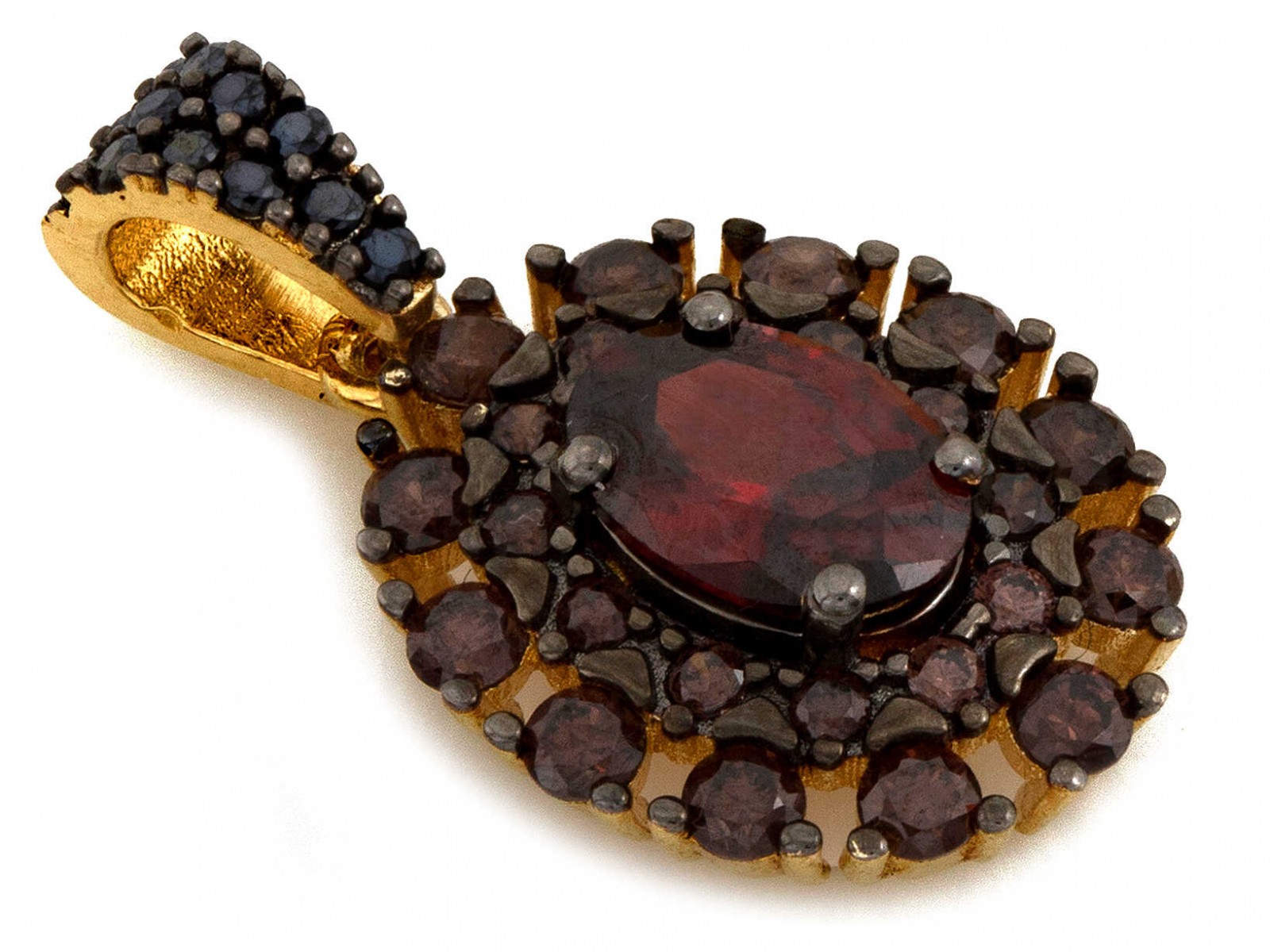 Oválný přívěsek s červeným středem, černé zirkony, zlato, 585, hmotnost 1.90 g