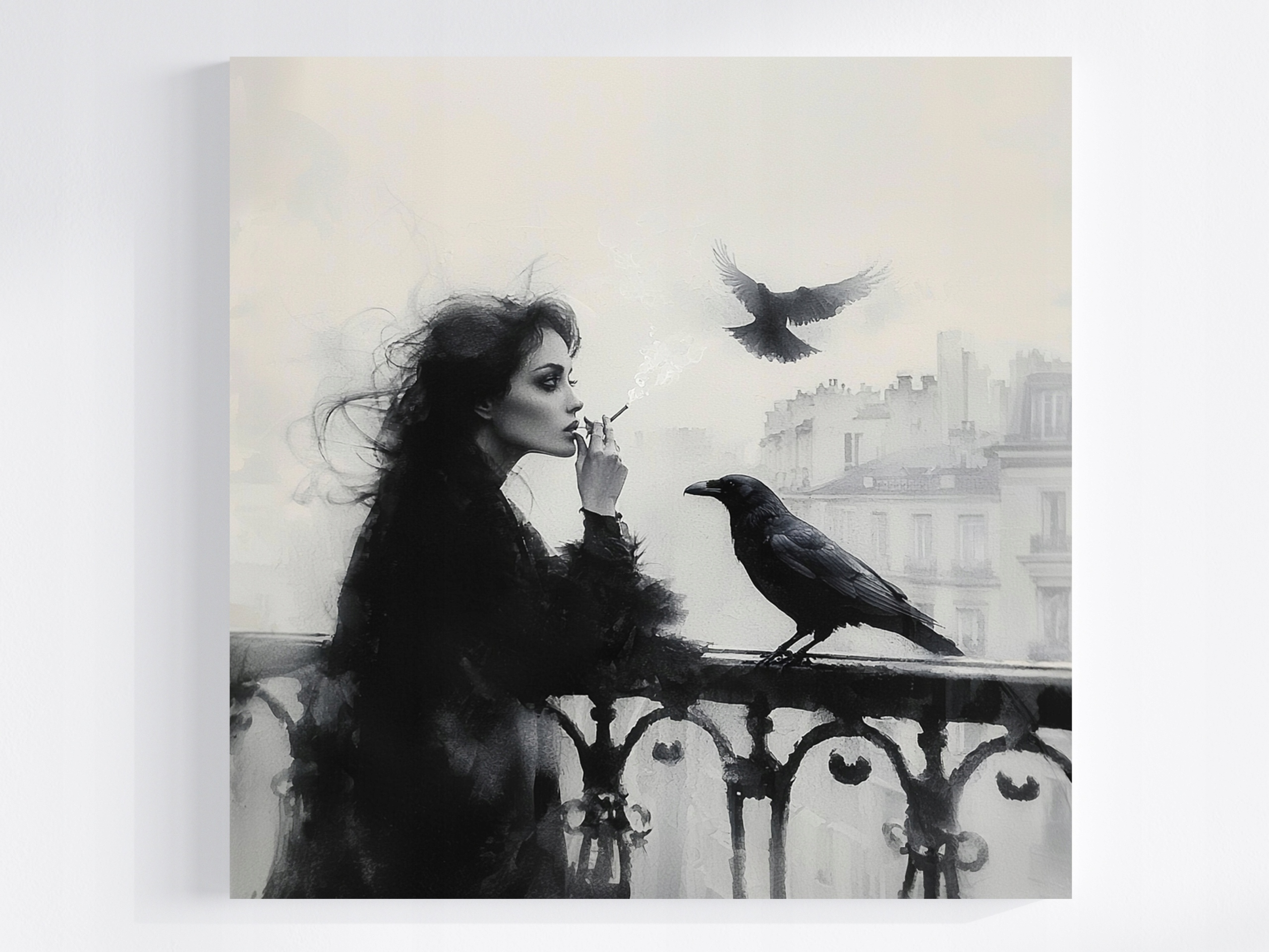 Obraz Na Plátně Canvas Město Terasa Žena Cigareta Pták Havran Mlha 80x80