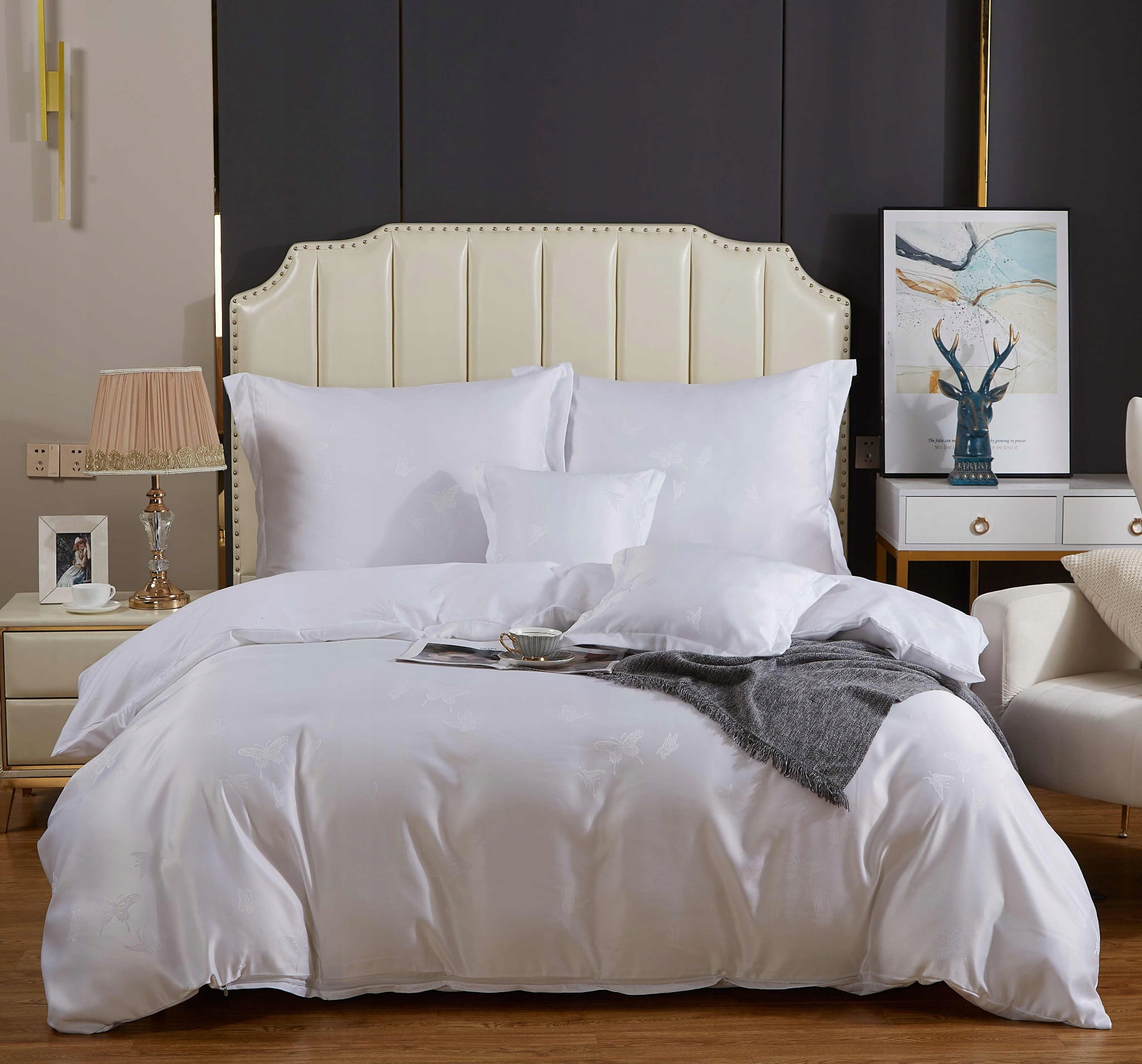 Posteľná Bielizeň atlasová vyšívaná 160x200, exkluzívna biela, motýle AT017