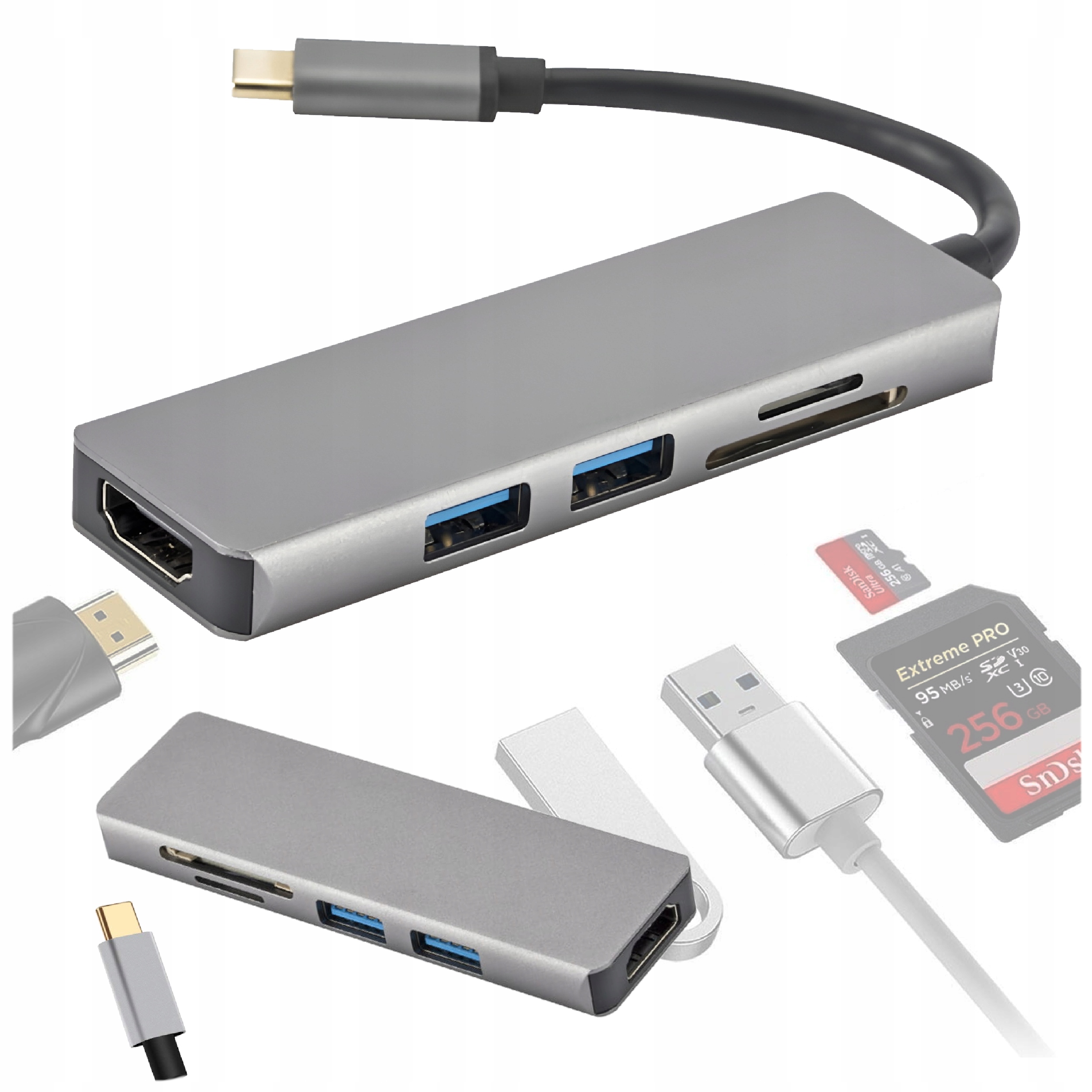 Hub Usb-c 3.1 konwerter 2x Usb 3.0 Hdmi micro Sd czytnik kart przejściówka