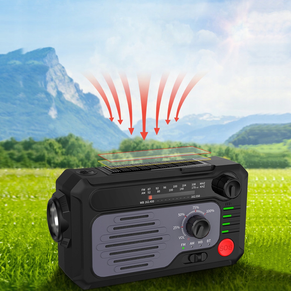 Radio Awaryjne Solarne Pogodowe AM FM SOS Bluetooth 5.0 2000mAh Latarka Model Przenośny Radio Awaryjne Solar AM/FM