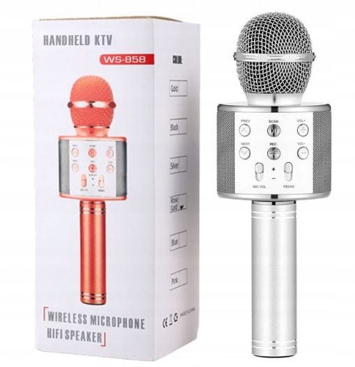 MIKROFON KARAOKE BEZPRZEWODOWY USB BLUETOOTH SREBRNY Z GŁOŚNIKIEM 3 W 1 Model ws585