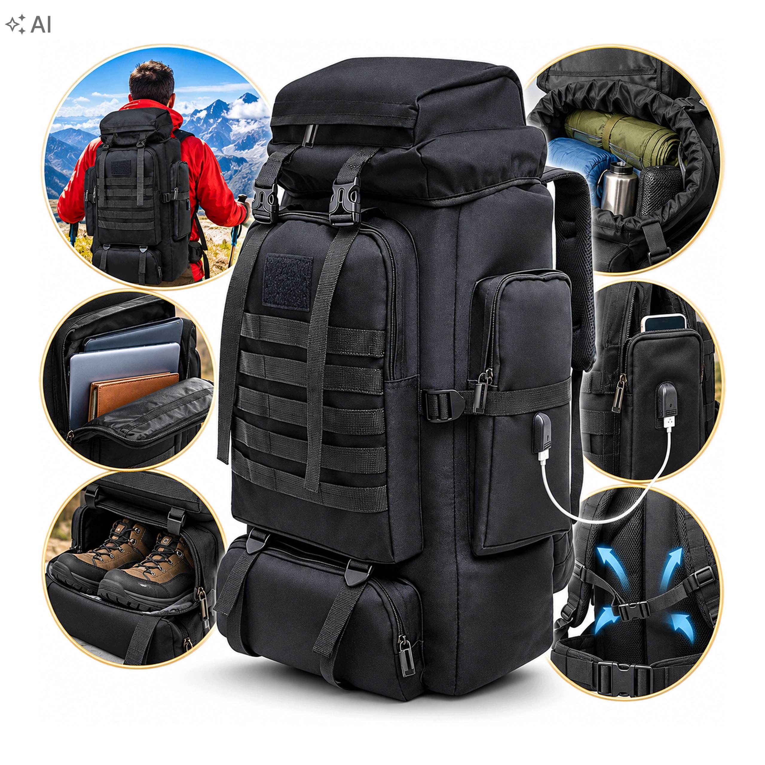 Plecak Turystyczny Wojskowy Taktyczny 80L Usb Wodoodporny Molle Czarny
