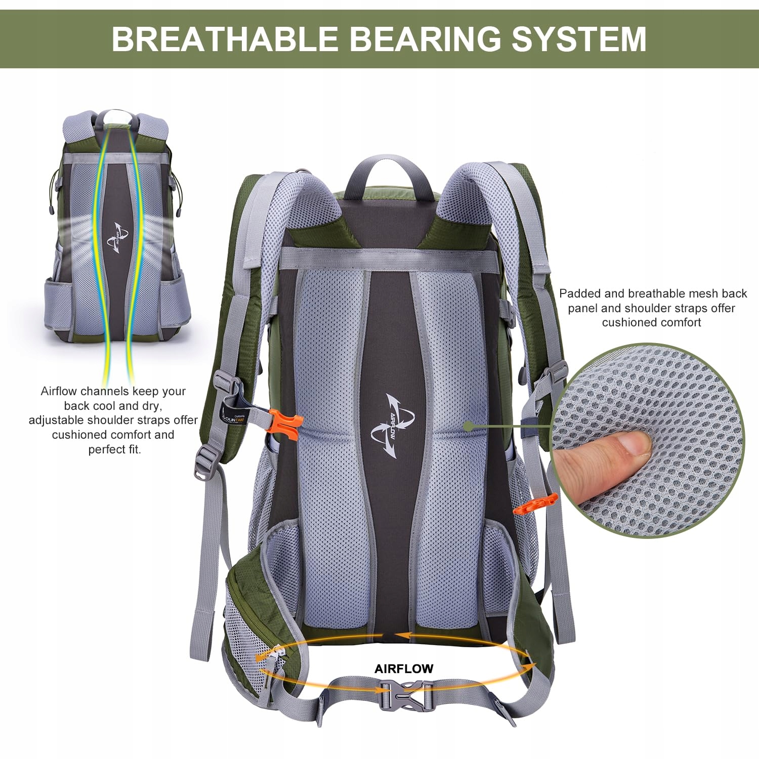 MOUNTAINTOP Plecak Turystyczny 40L Unisex Trekkingowy z Pokrowcem Zielony — miniatura 5