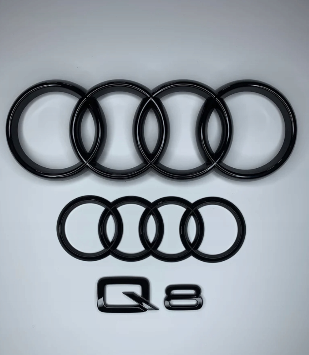 Černé emblémy Audi Q8, přední a zadní kroužky Q8 285 mm