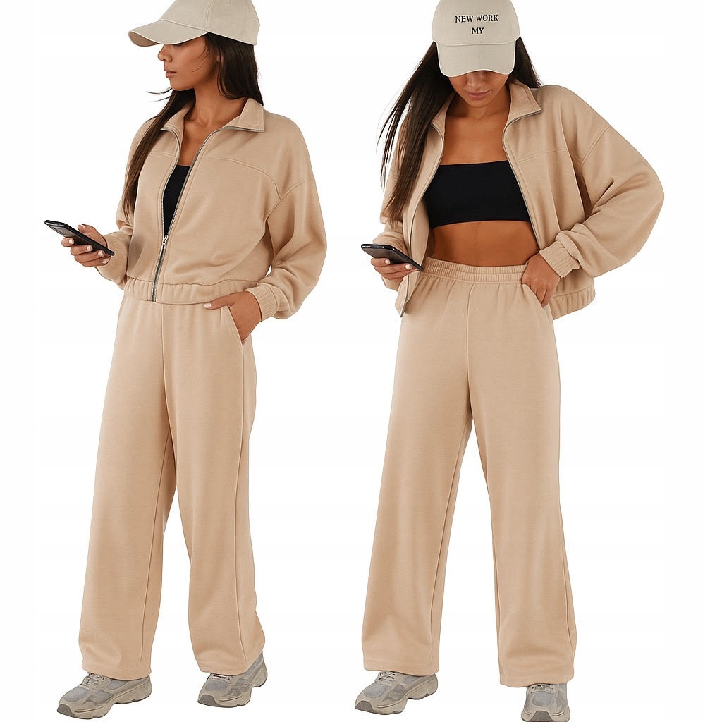 Komplet Dresowy Spodnie Dzwony Bluza Rozpinana Kangurka Polski Masełko L/XL