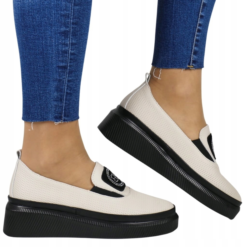 DAMSKIE SKÓRZANE PÓŁBUTY NA KOTURNIE PLATFORMIE BEŻOWE Marka VINCEZA