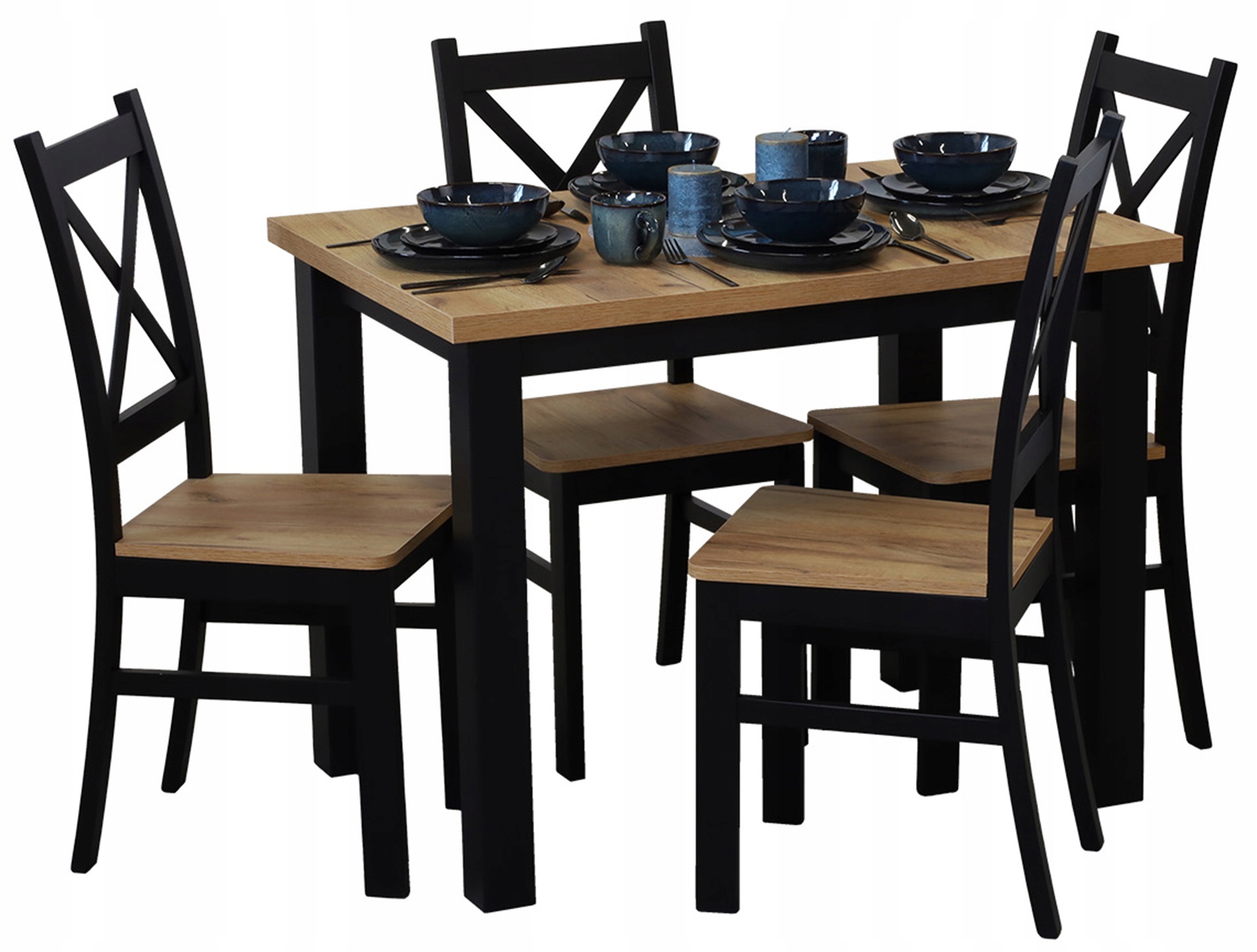 Sada rozkládacího stolu 150/190x80 se 4 židlemi M021-4 Černá/Dub Craft