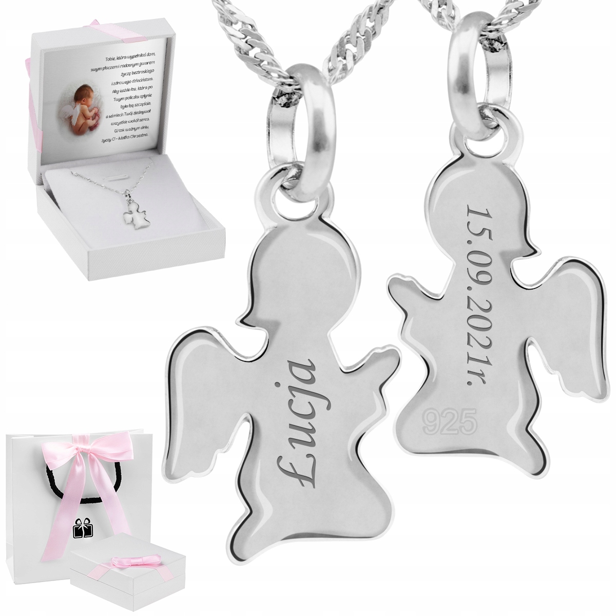 Srebrny naszyjnik pr.925 Aniołek Grawer Płeć kobieta