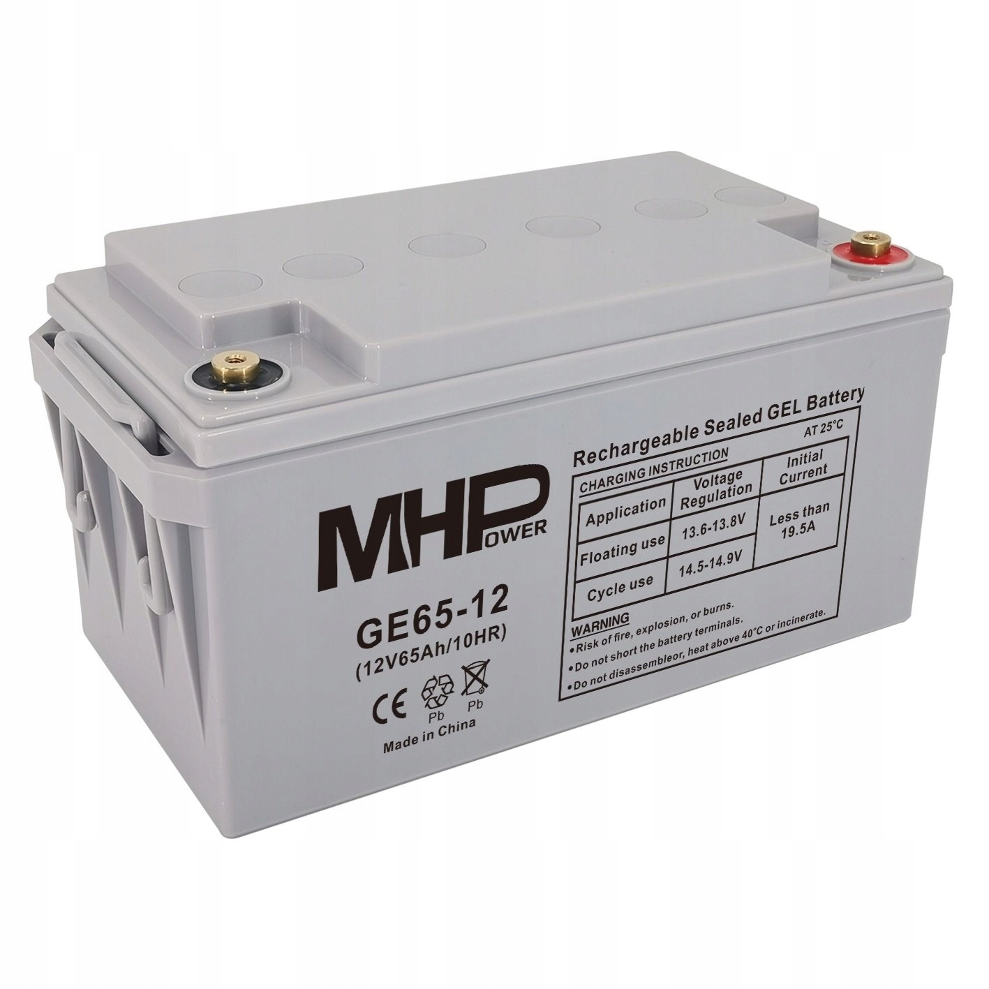 MHPower GE65-12 Gelový akumulátor 12V/65Ah, Terminál T1 M6, Deep Cycle