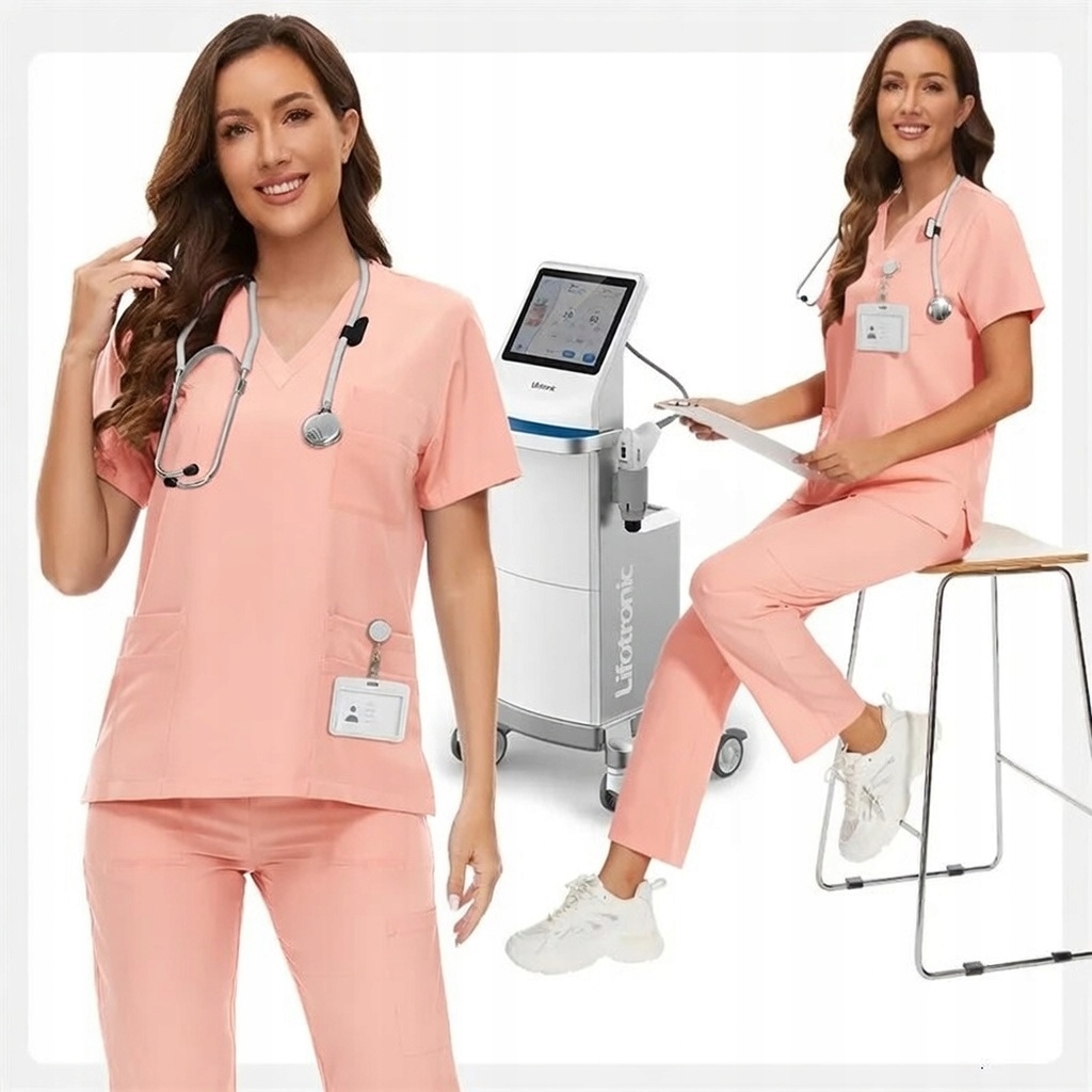 Komplet Medyczny Jasny Róż Scrubs V-neck Elastyczny 94% Poliester rozmiar M