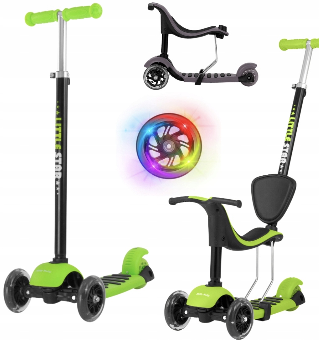 Milly Mally Scooter Little Star 3w1 jeździk Hulajnoga Siedzenie Rączka Led