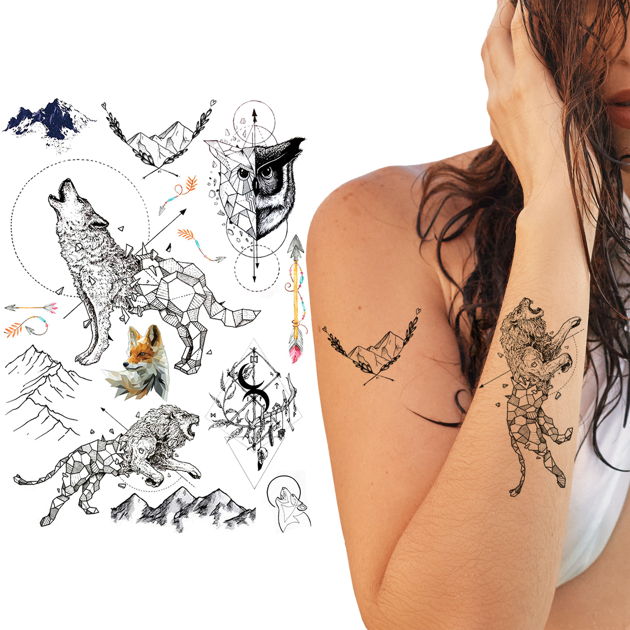 

Tatuaż Tymczasowy Wodny 21x15 Zwierzęta Wilk Sowa