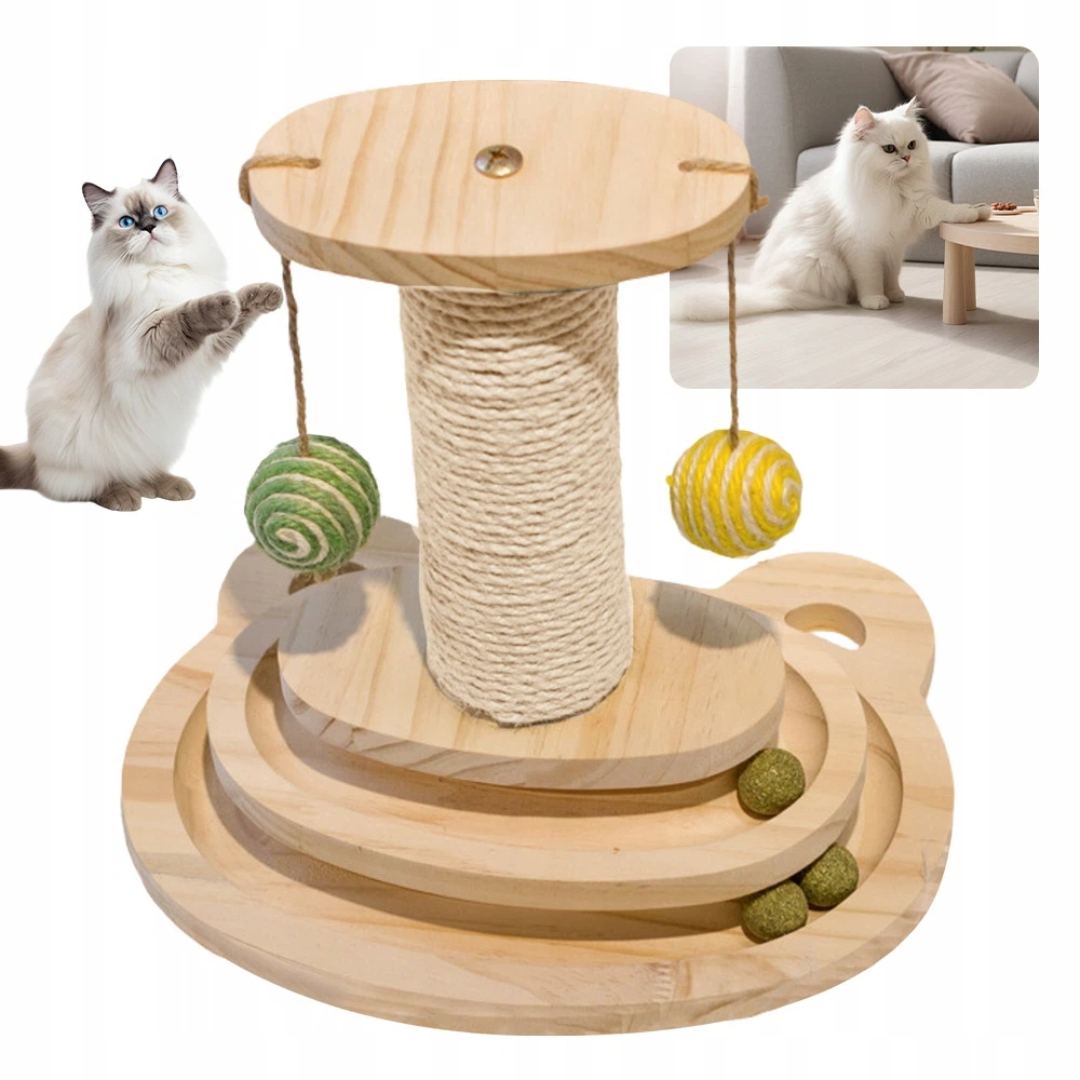 Levně Škrabadlo Pro Kočky Dřevěná Hračka Interaktivní, Tříúrovňové, Otočné