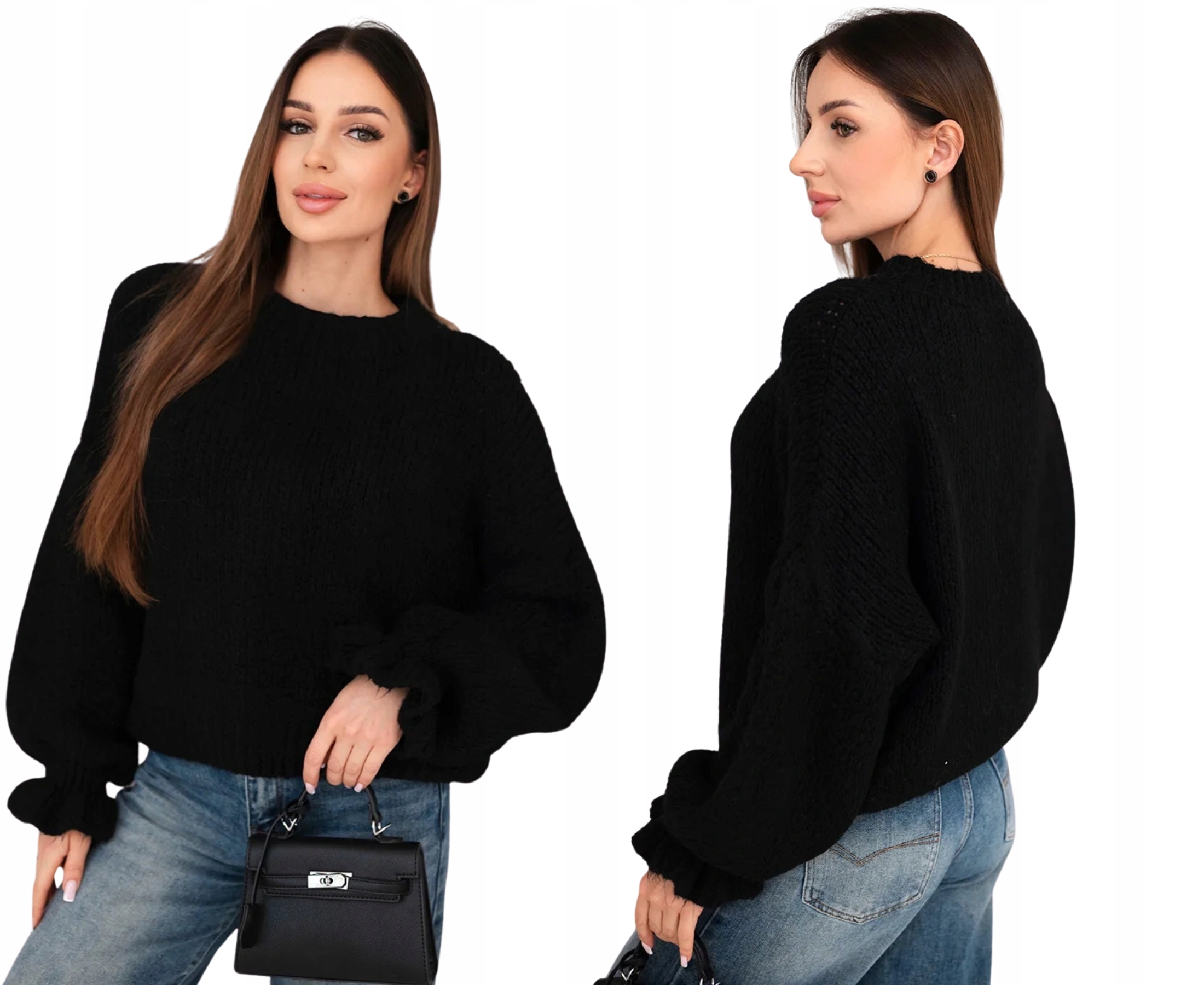 Černý dámský svetr s mohérem a bufiastým rukávem