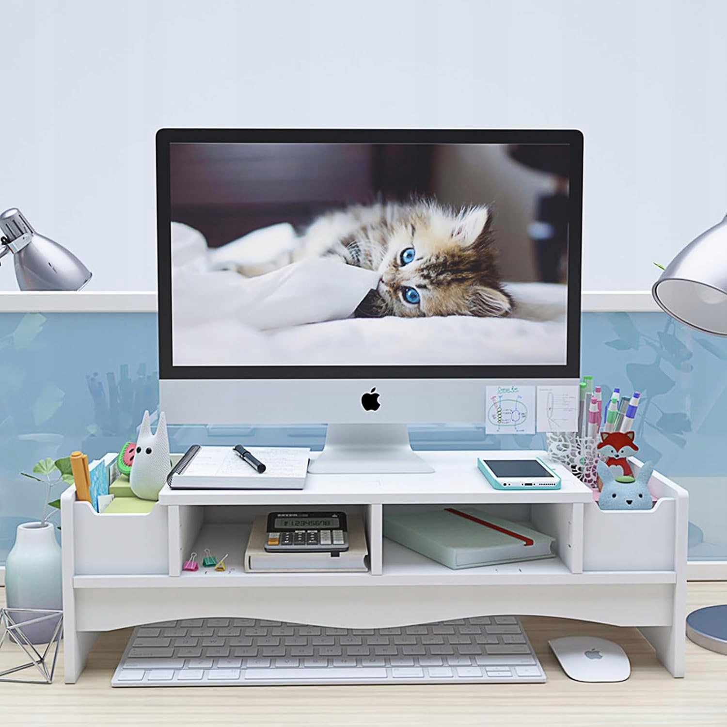 PODSTAWKA PÓŁKA POD MONITOR BIAŁA ORGANIZER NA BIURKO Głębokość mebla 20 cm