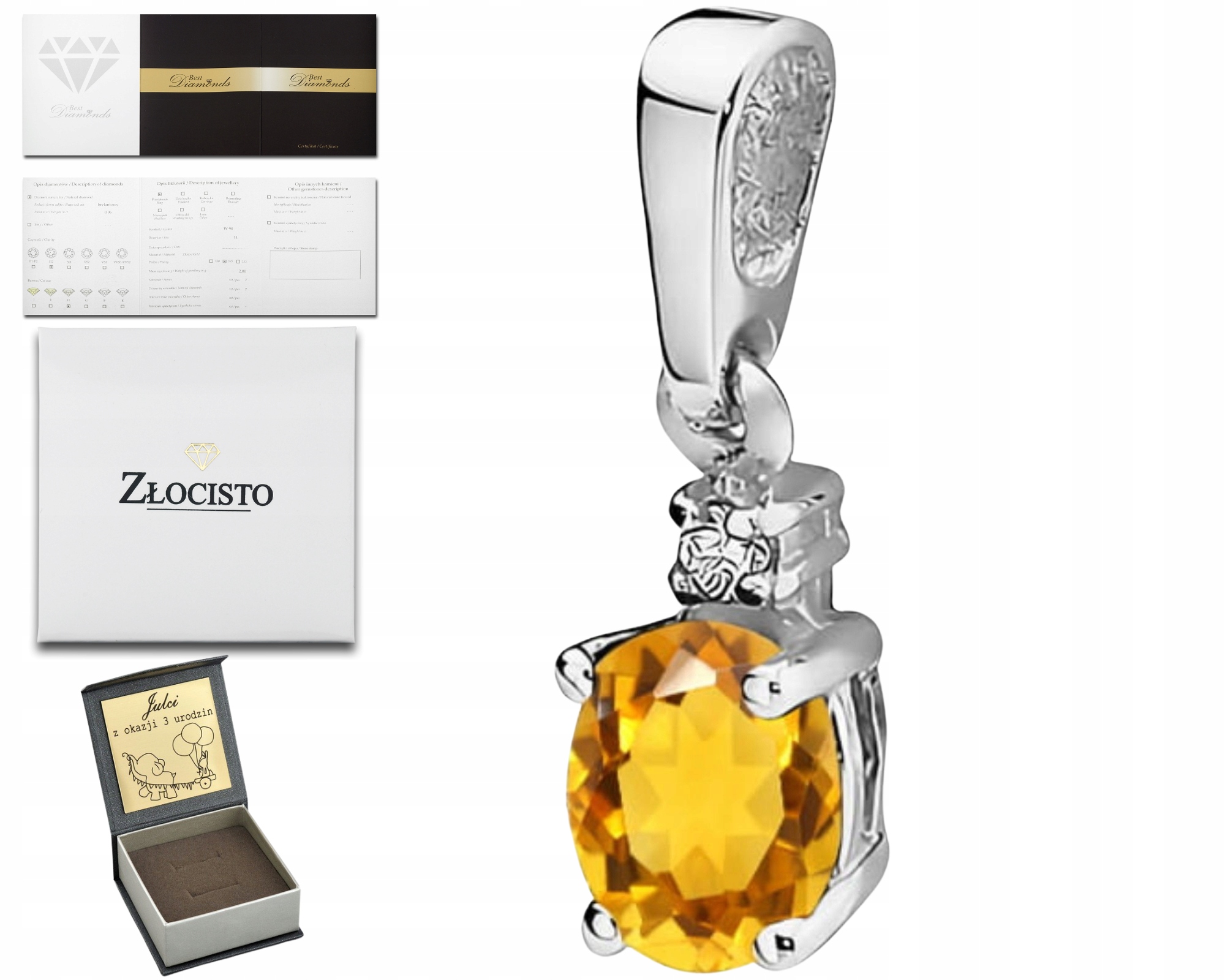Přívěsek Z Bílého Zlata S Diamanty A Citrínem Bonus Gravírování 585