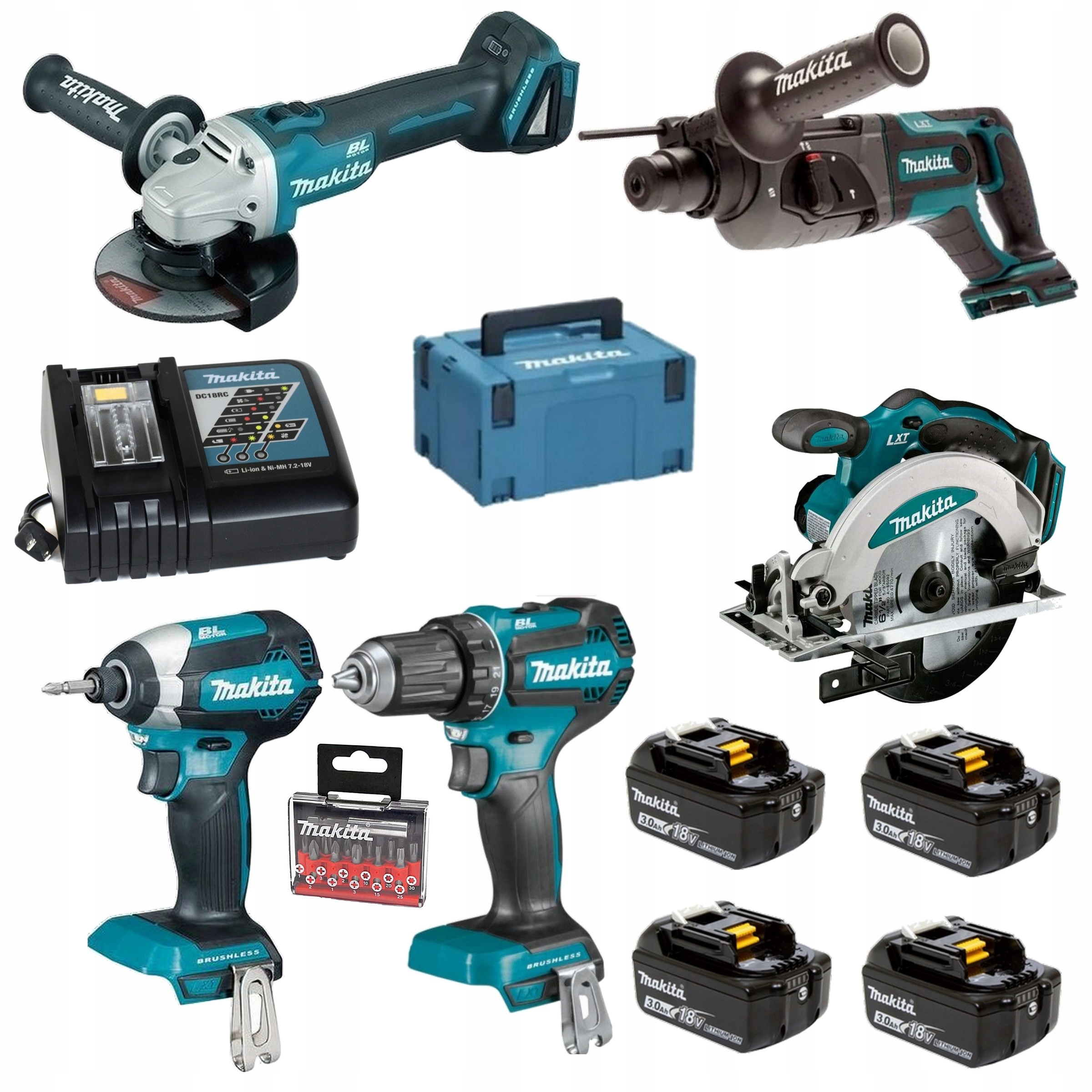 Makita Zestaw narzędzi DDF485 DTD153 DGA504 DHR241 DSS610 18V 4x3Ah