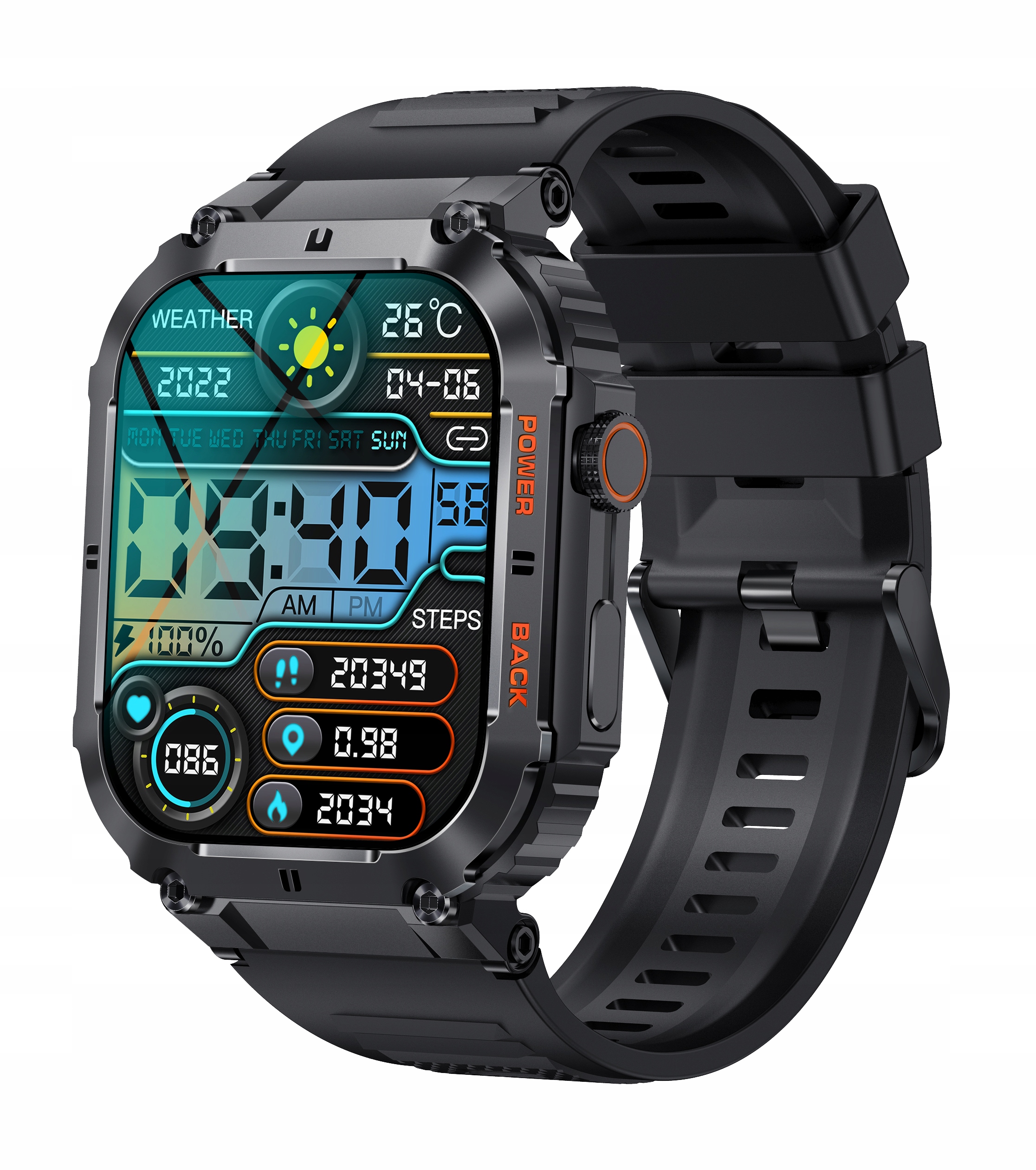 Smartwatch Męski Rozmowy Ciśnienie SpO2 PL 1,96" Kształt koperty prostokątna