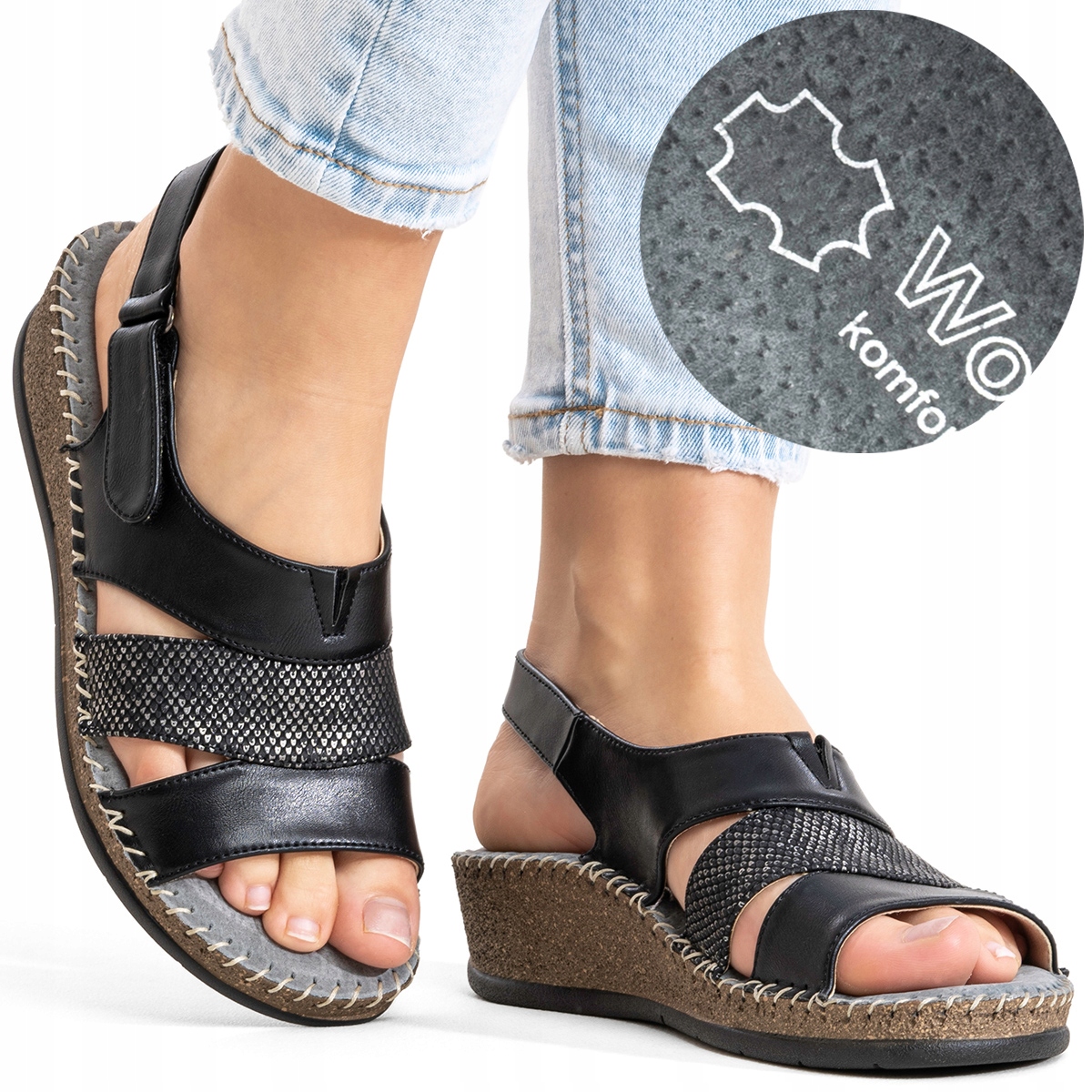 Sandály na koturnu, vroubkovaná kůže, pohodlné, Tuhost H, lehké, měkké Wojtyłko 39