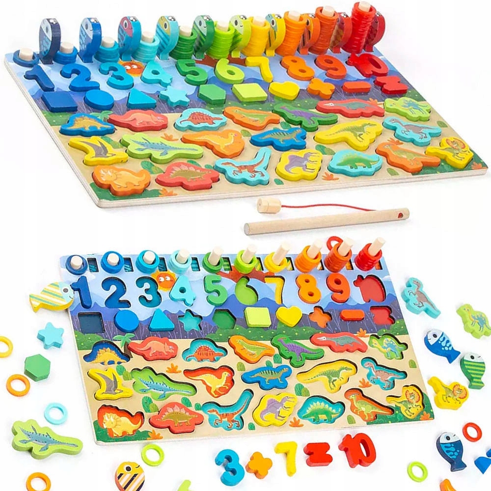 

Drewniana Układanka Gra Puzzle Cyfry Dinozaury 5w1