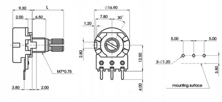 Potencjometr liniowy 500K - L=15mm - 1 szt Symbol B500K