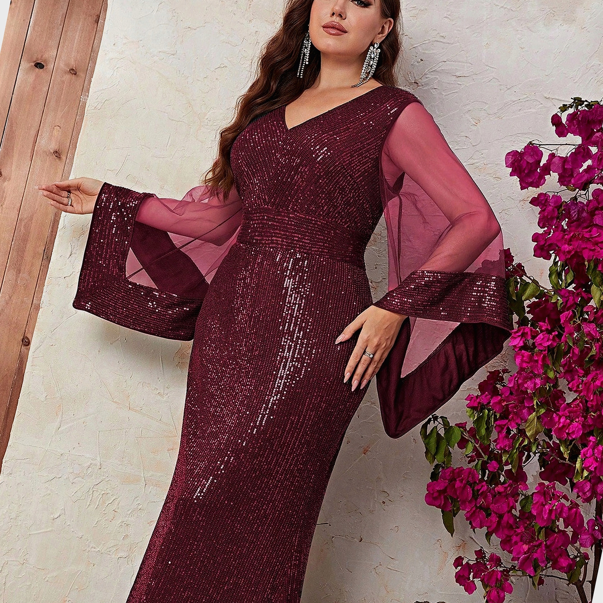Šaty V-neck Burgundská Dámská Lesklá Na Kostky Na Svatební Hostina 4XL 48