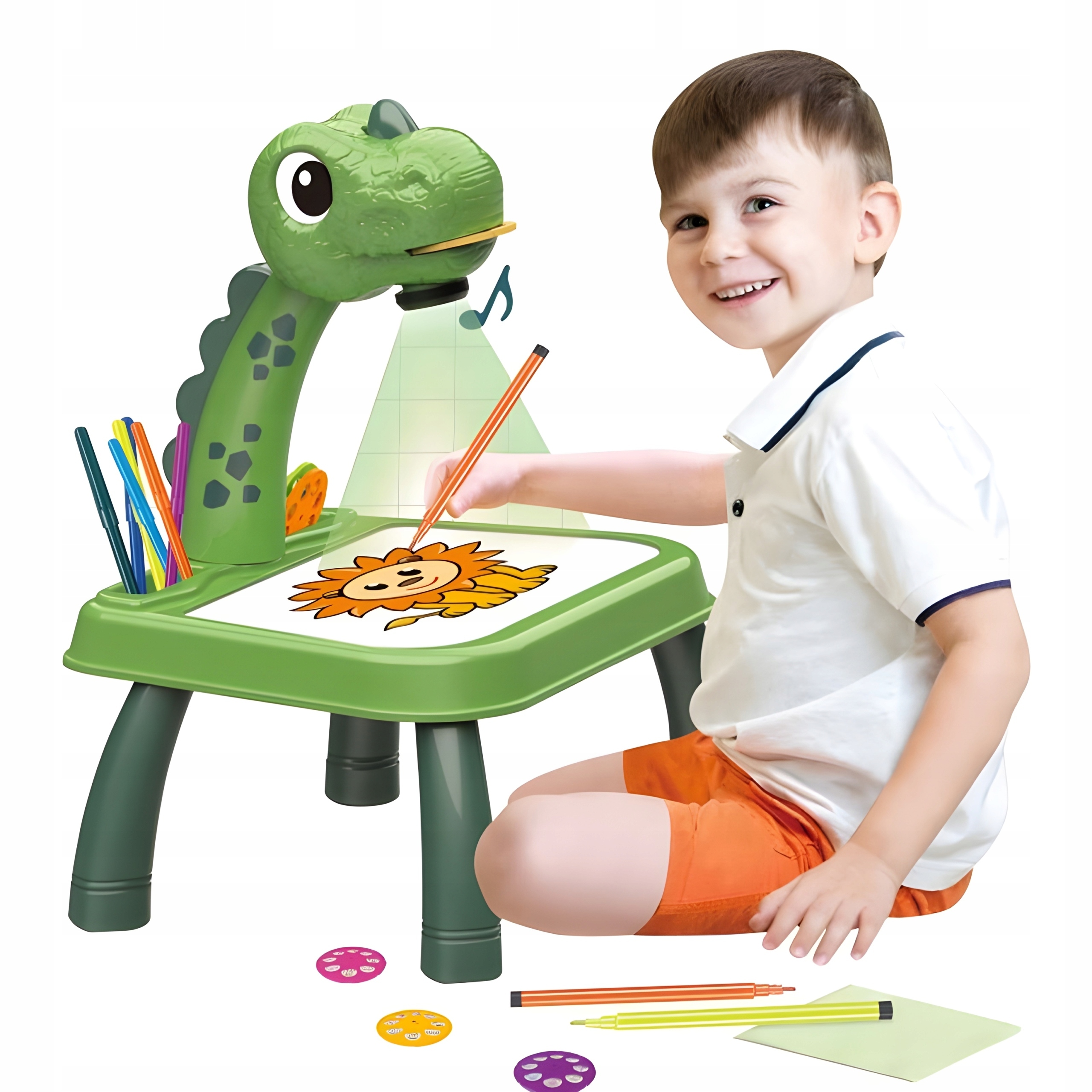 PROJEKTOR DO NAUKI RYSOWANIA DINOZAUR RZUTNIK STOLIK PISAKI ZIELONY EAN (GTIN) 0690201456456