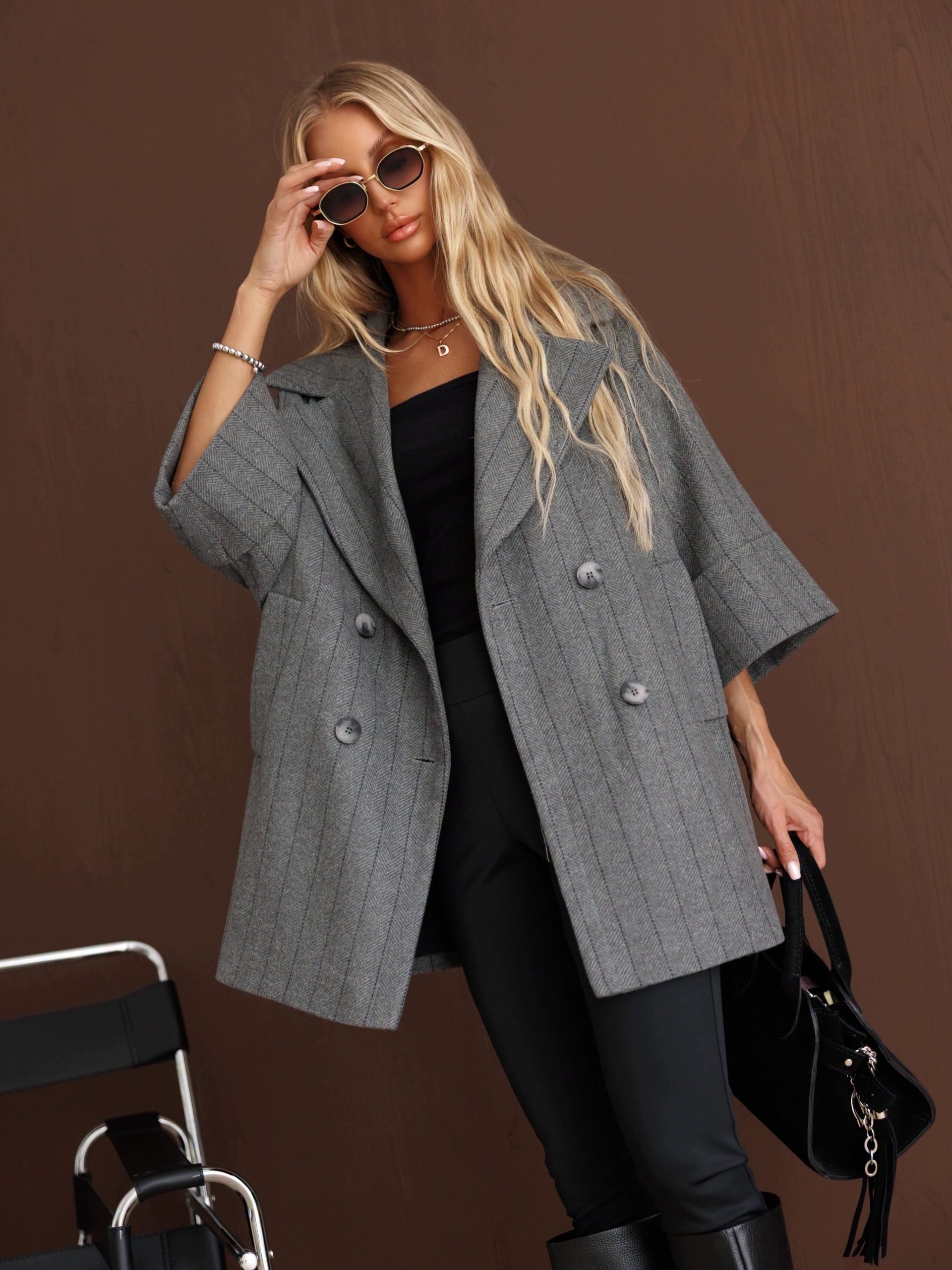 By O La La! Vlněný Kabát S Jedličkou A Pruhy, Šedý (smoke Grey), Univerzální