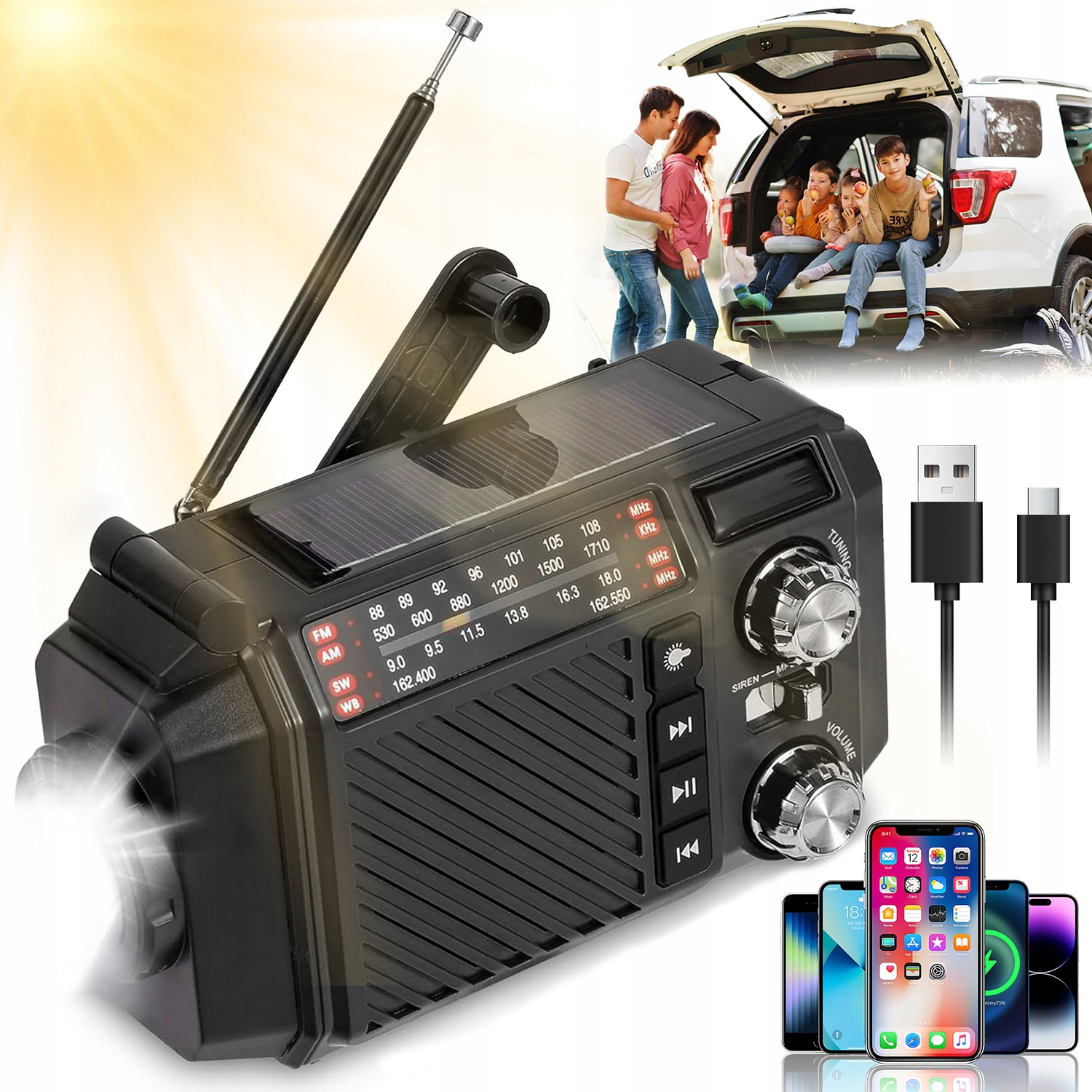 Nouzové Solární Rádio 1200 mAh Dynamo Powerbanka Dynamo Sos Svítilna Na Ryby