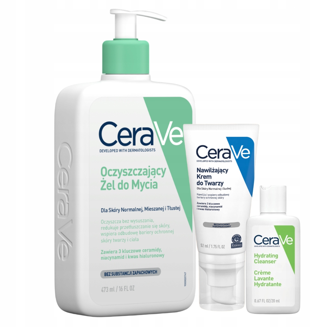CeraVe Zestaw Nawilżający Krem do Twarzy 52ml, Oczyszczający Żel 473ml