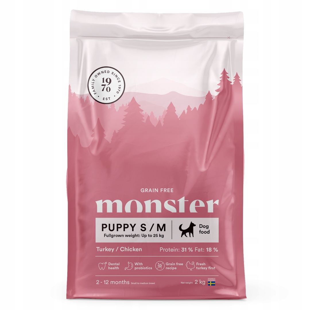 Monster Dog Puppy S/m 2kg Bezobilné suché Krmivo pro štěňata Kuřecí Krůta