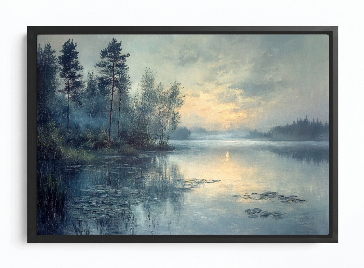 Obraz Rám Americká Krajina Jezero Stromy Slunce Západ Mlha 60x40