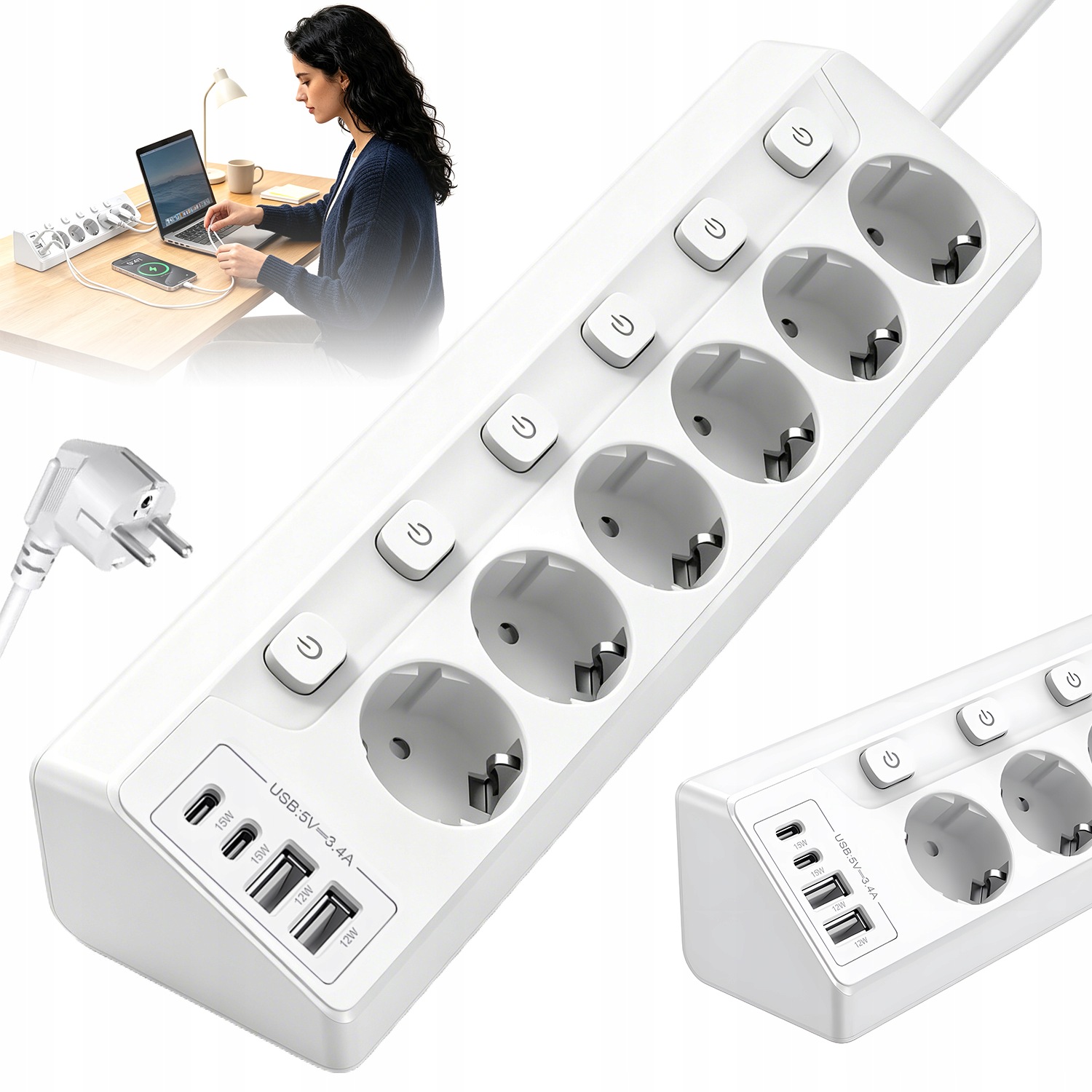 Prodlužovací Kabel 4X Usb 6 Zásuvek 2 M Usb Nabíječka Typ-c Bílá Zásuvková Lišta