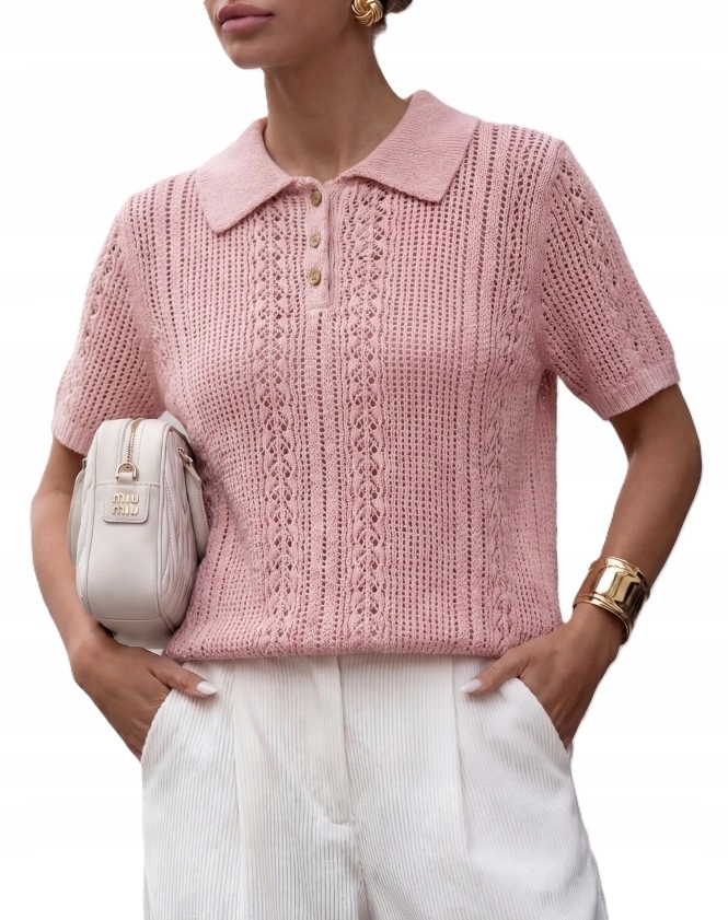 Cocomore Yarn Premium Ažurová mikina s límečkem Polo Růžová
