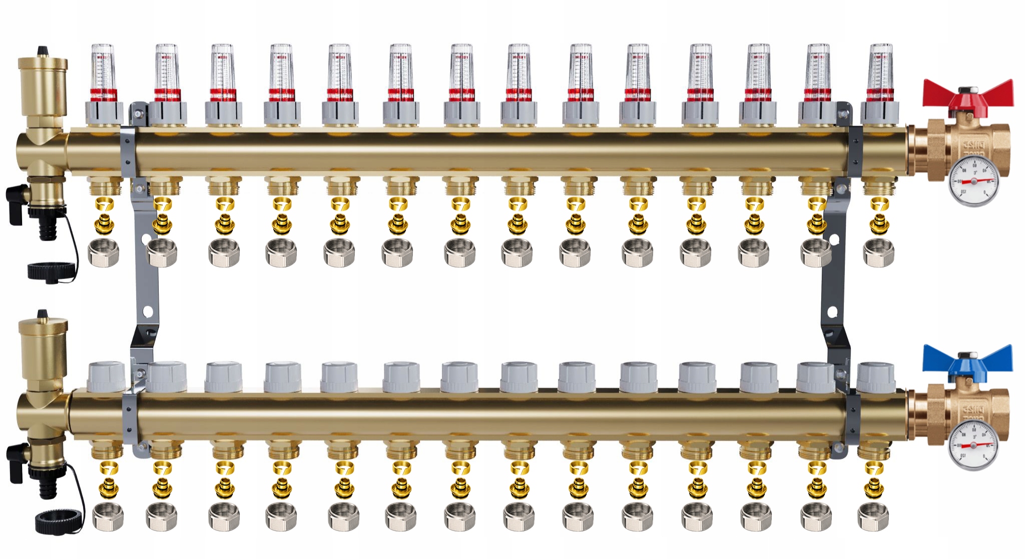 Rozdělovač Pro Podlahu 14 Okruhů Jednoduchý Kulový Ventil Teploměr Pex