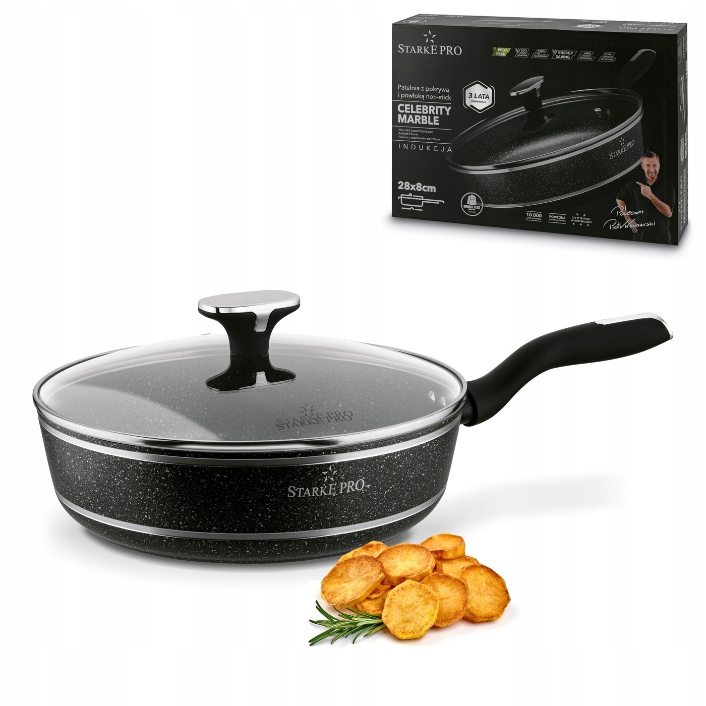 Duża Patelnia Głęboka 28cm marmurowa patelnia z pokrywką Celebrity Marble