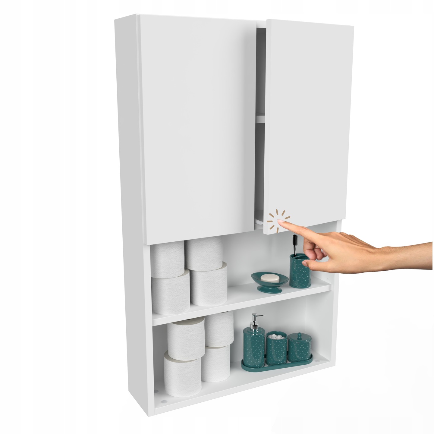 Závěsná koupelnová skříňka s odkrytými policemi na kosmetiku, prostorný interiér