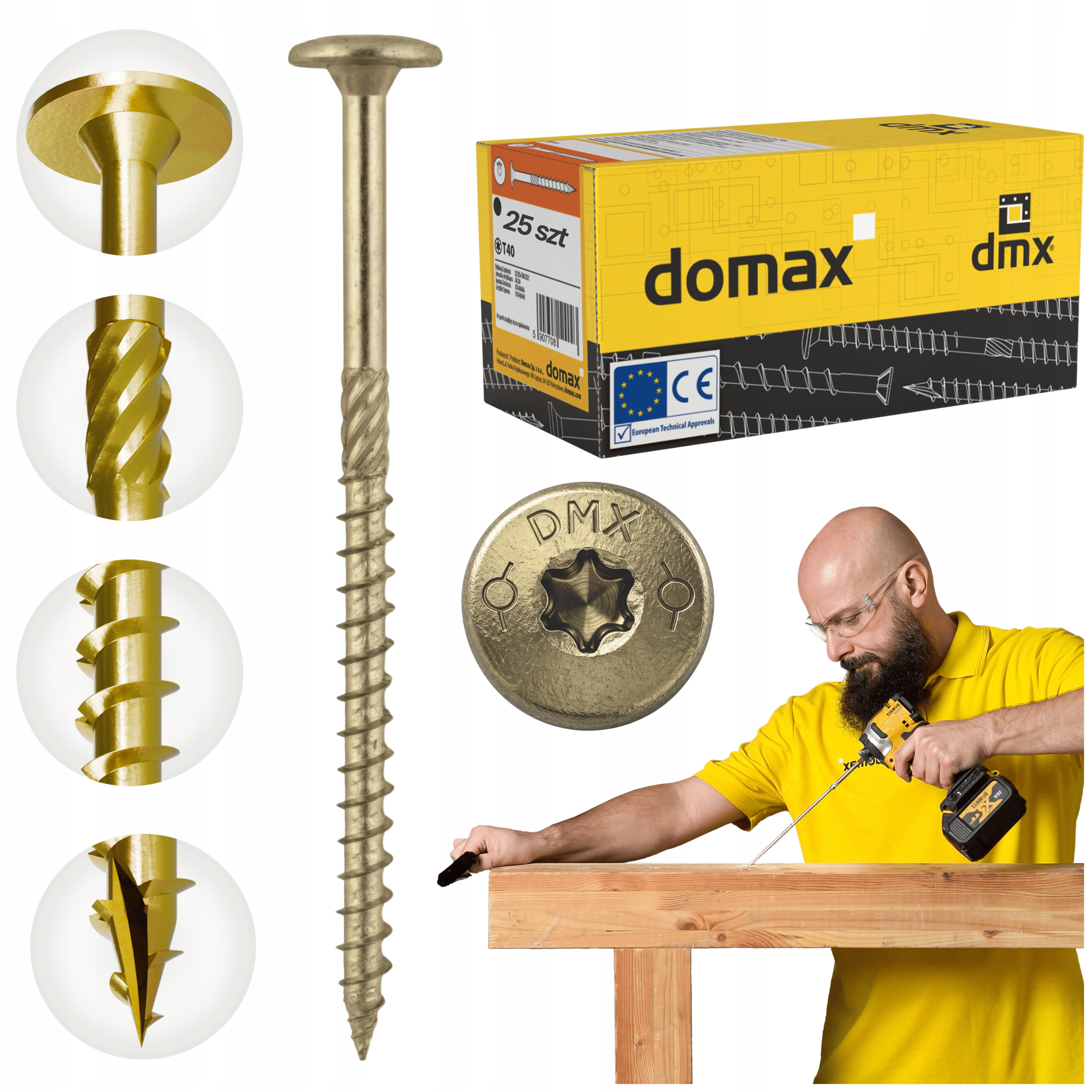 Tesařské Vruty 10x260 Talířové Torx 25 ks Do Dřeva Domax Ct Zlaté