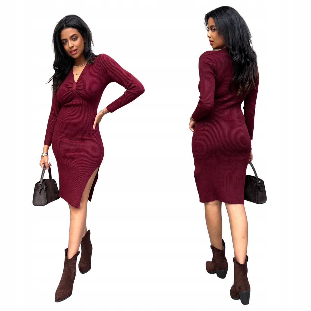 Šaty midi pletená s rozparkem bordó Flavia elastická, velikost One size