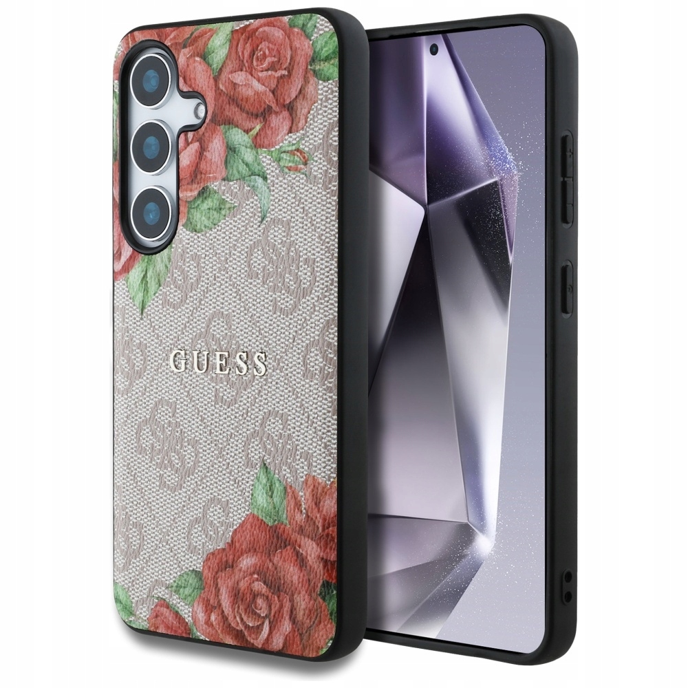 Guess kožený kryt s květinovým potiskem 4G, kovový klasický logo MagSafe pro Samsung Pouzdro