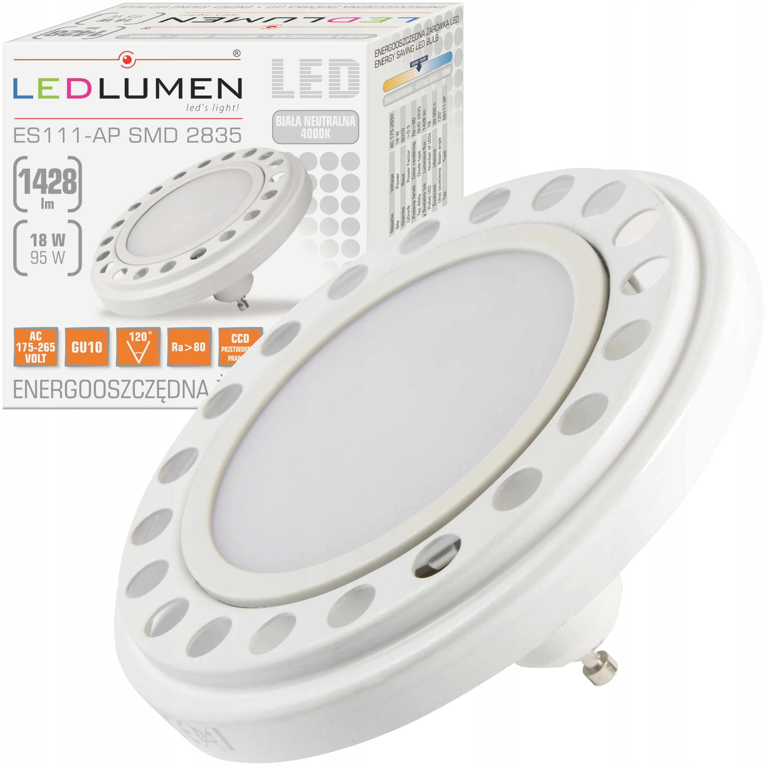 

AR111 ES111 GU10 18W=95W Led 1428lm CCD Ledlumen