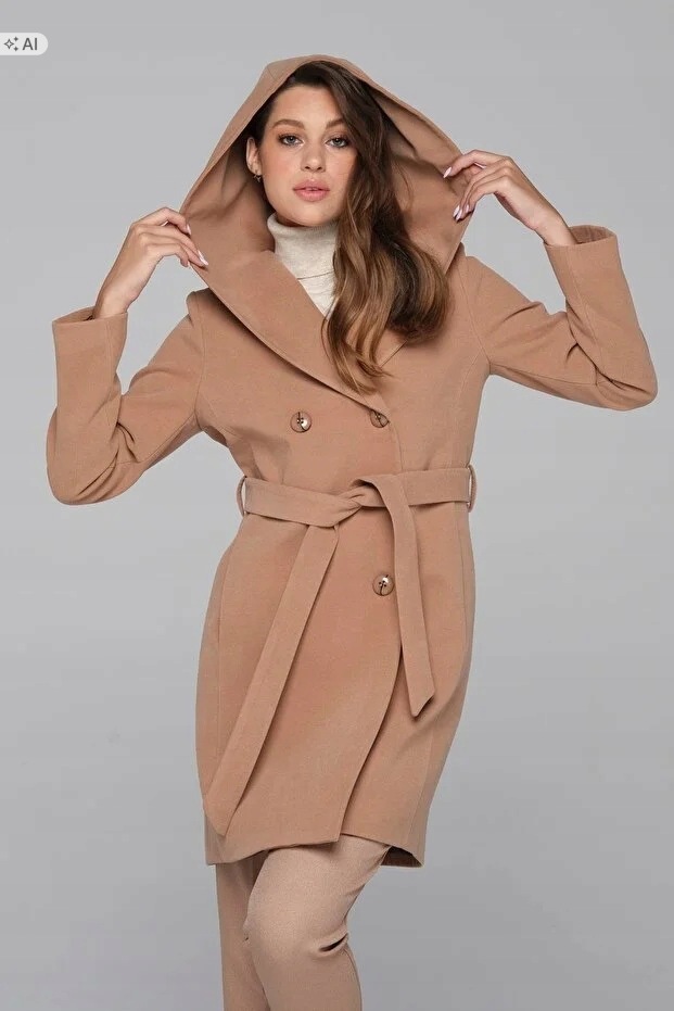 Klasický Kabát S Kapucí Měkký Béžový Elegantní 38 5IA