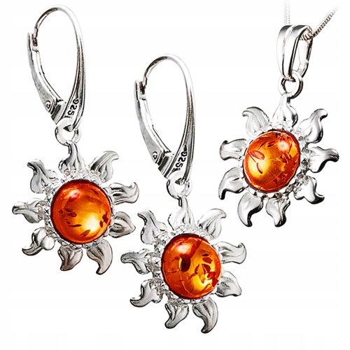 Stříbrný Dámský Komplet slunce s originálním přírodním Jantarem stříbro AG925