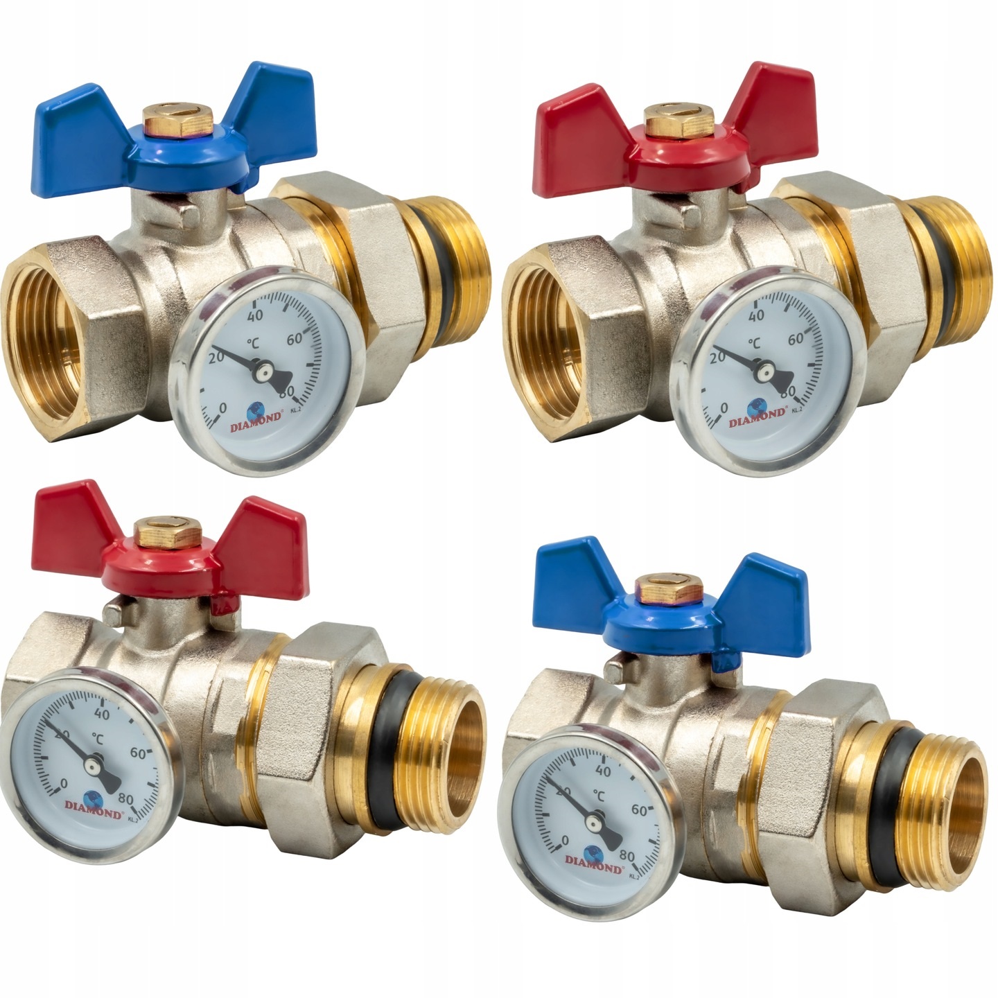 Sada Kulový Kohout S Teploměrem Na Šroub 1" Červená Modrá