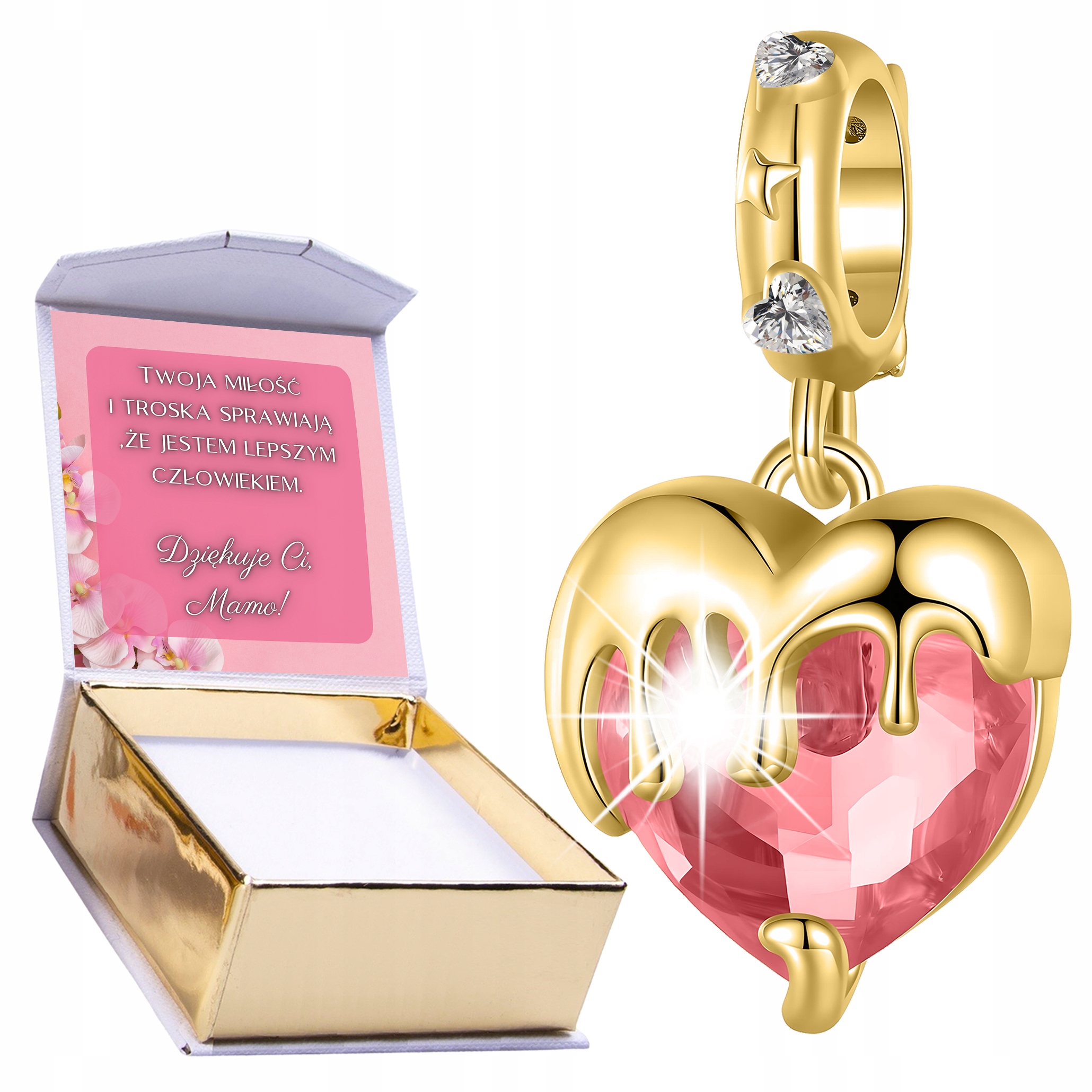 Charms Zlatý Závěsný Červené Srdce Srdíčko Červený Křišťál Potisk