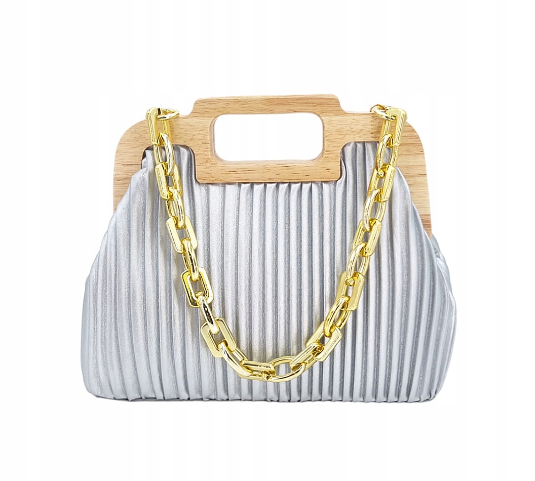 Stříbrná kufřík dámská kabelka s dřevěnými ručičkami