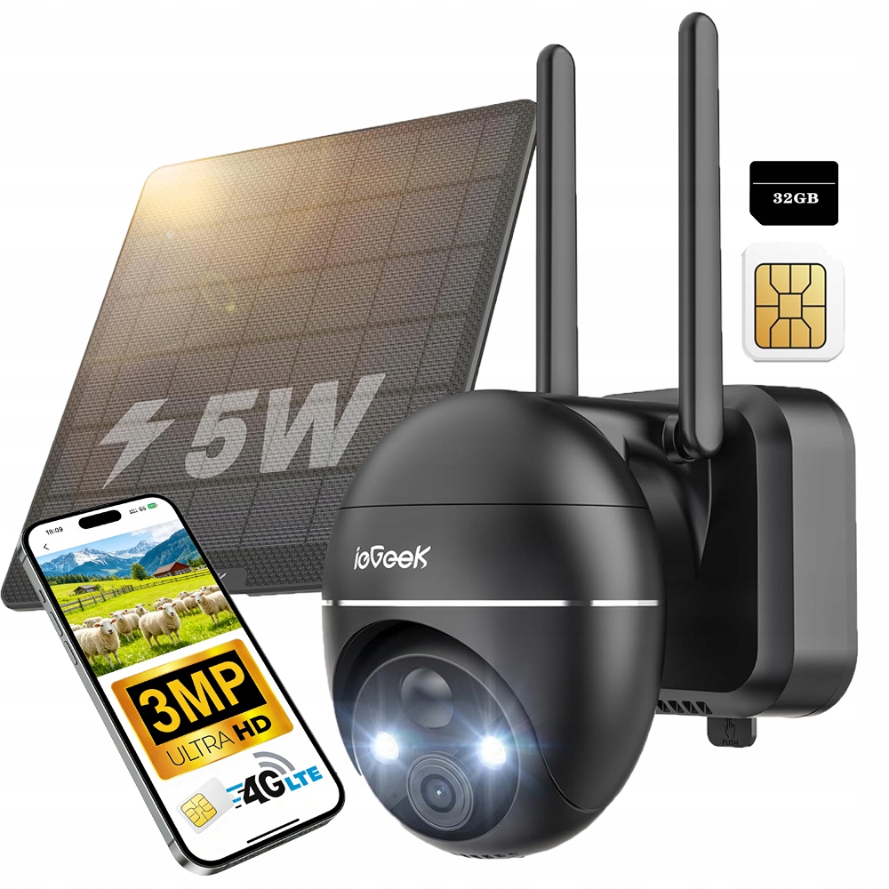 Venkovní Solární Otočná Kamera Na Sim Kartu 4G 3MPx s kartou 32 Gb