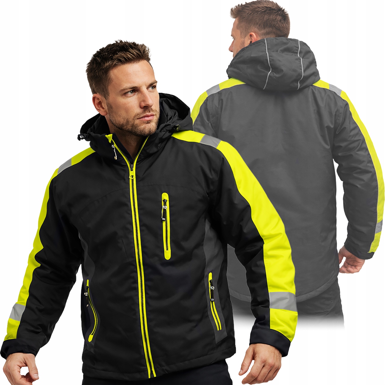 Kurtka Robocza Męska Zimowa Ocieplana Z Kapturem Wodoodporna Oxford Odblask