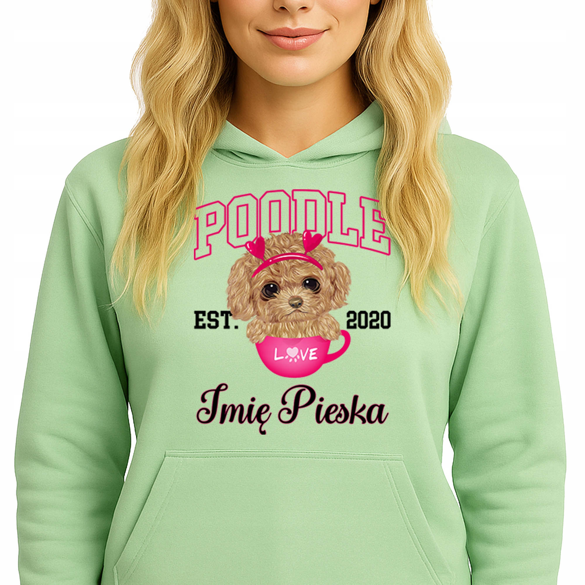 Mikina S Kapucí Zelená bavlněná mikina Módní Poodle Jméno psa Vel S